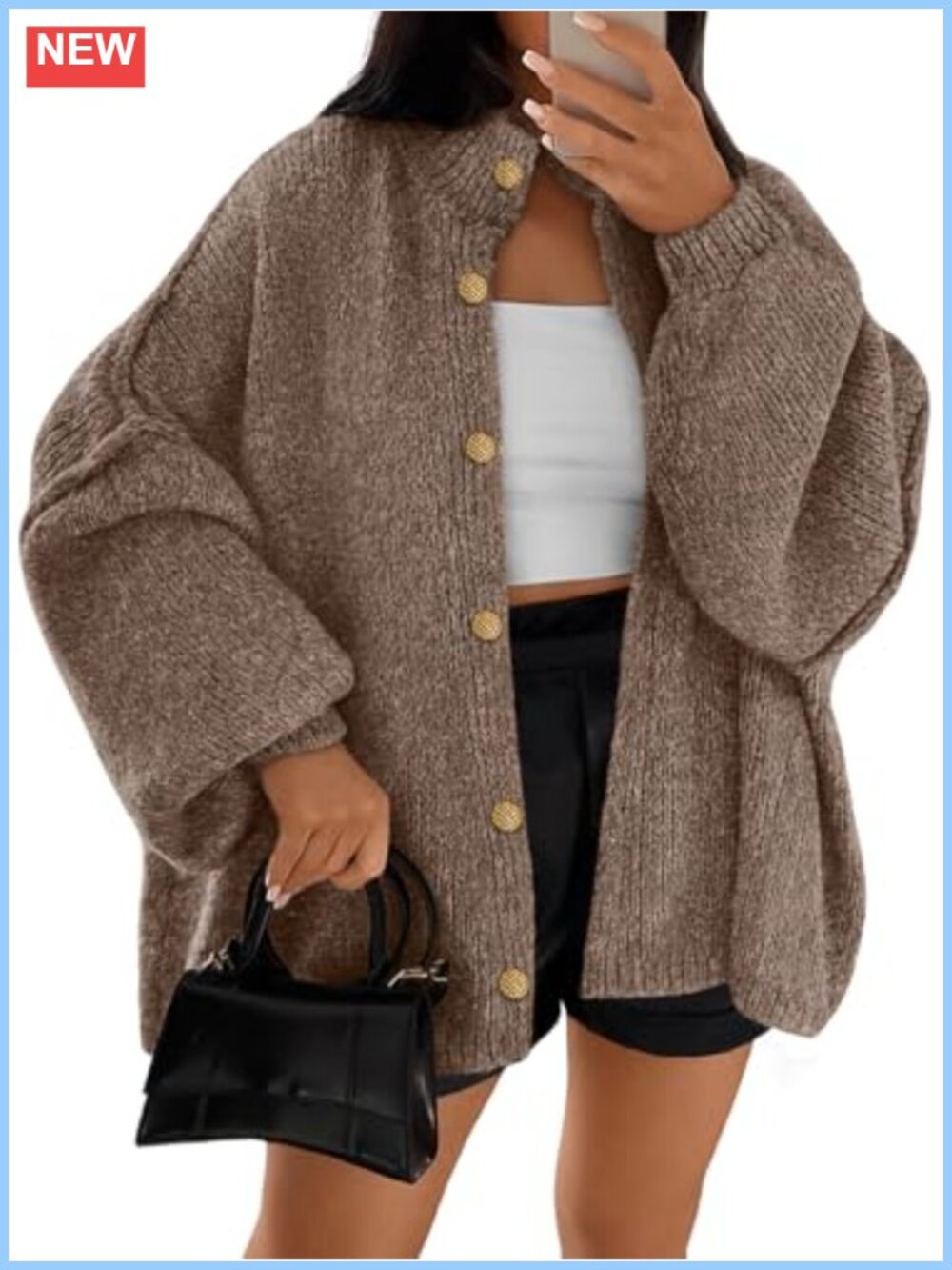Oversized Chunky Cardigan Sweater Long Sleeve Mock Neck Button Front Fall Cozy